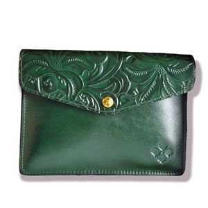 Patricia Nash Dark Green Tooled Genuine Leather Clutch Mini IPad Case